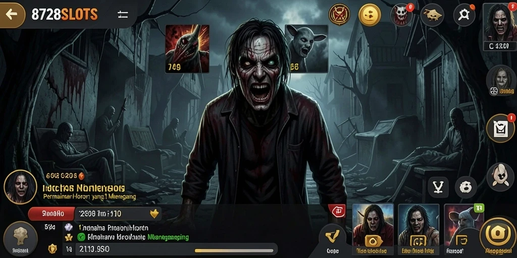 Screenshot 8728SLOTS dengan gameplay menyeramkan dan atmosfer horor.