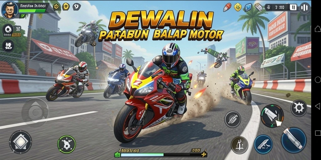 Tangkapan layar DEWALIN menampilkan aksi balap motor yang mendebarkan.