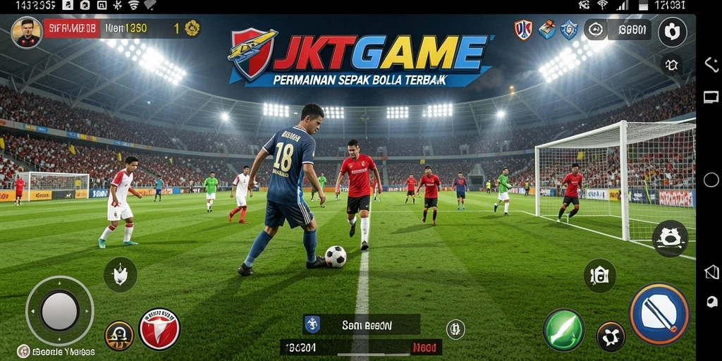 Tampilan layar permainan JKTGAME dengan aksi sepak bola yang mendebarkan.