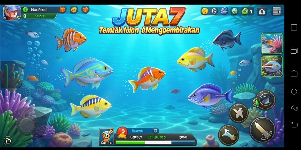 Gameplay seru JUTA7 dengan berbagai ikan untuk ditembak.