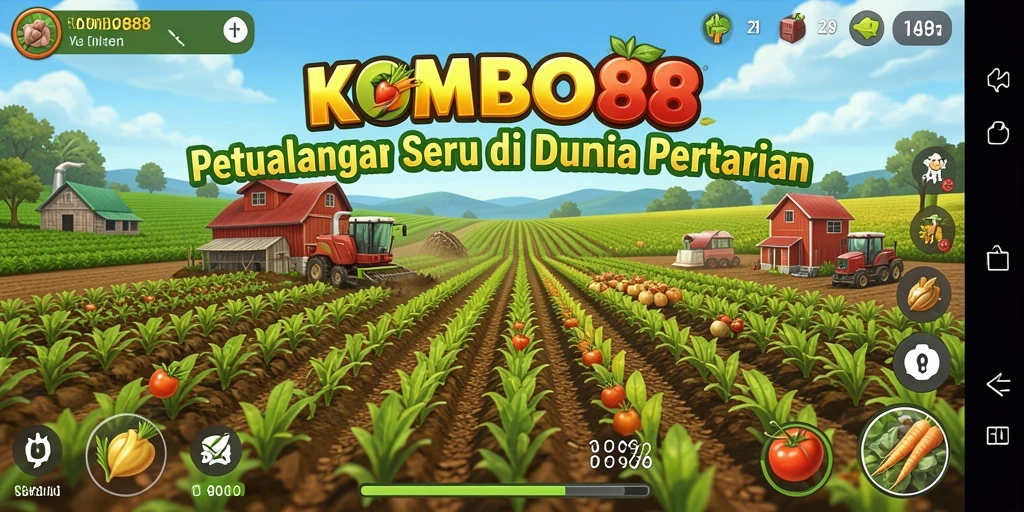 Screenshot gameplay KOMBO88 menampilkan ladang yang subur dan hewan ternak.
