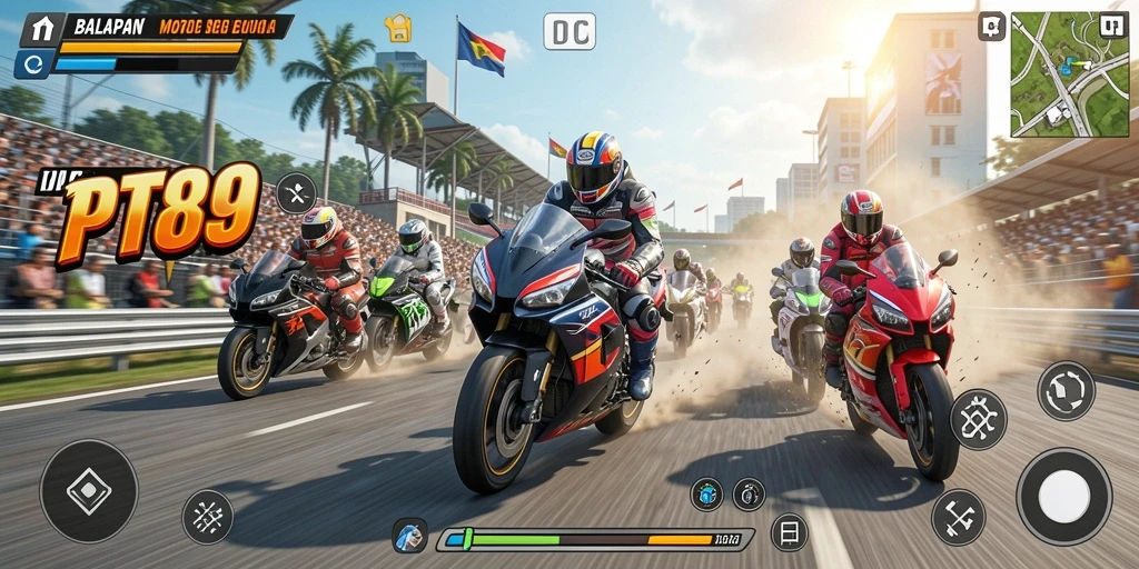 Gameplay mendebarkan balapan motor di PT89.