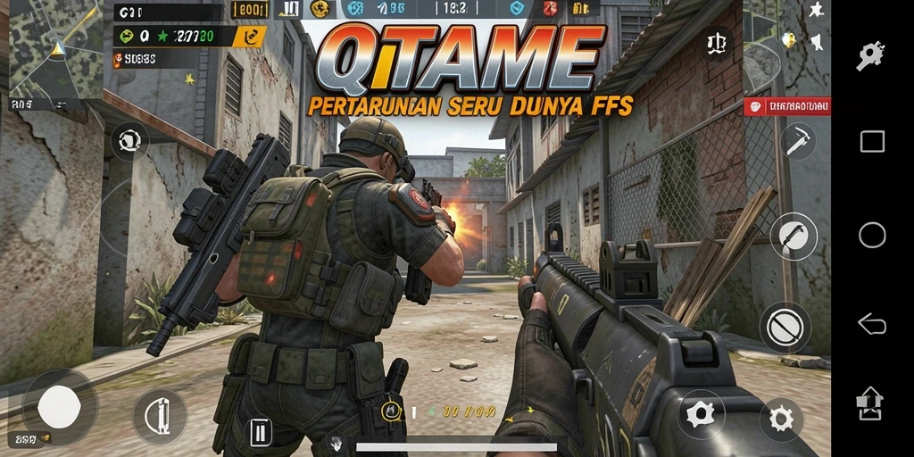 Screenshot QTGAME menampilkan aksi menembak yang mendebarkan dalam game FPS.